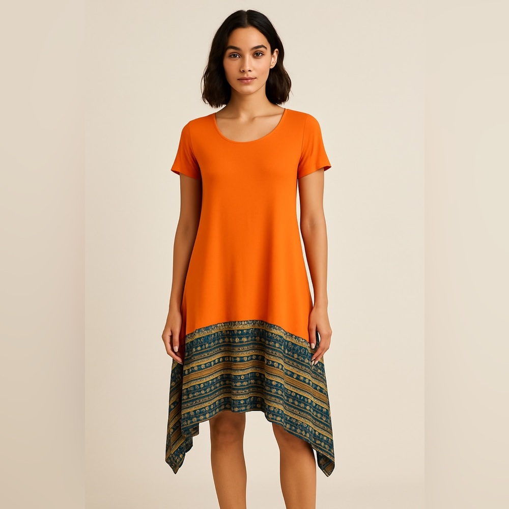 NWT Minibee Orange Linen Tunic Dress with Boho Pattern‎ Hem – Size Medium M NEW